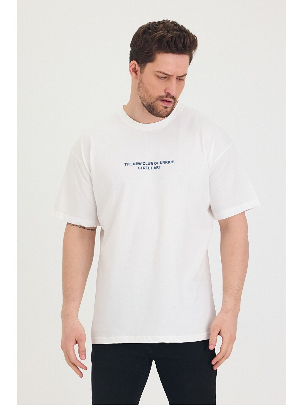 Beyaz Bisiklet Yaka Oversize Ön ve Arka Baskılı Salaş Unisex Tişört