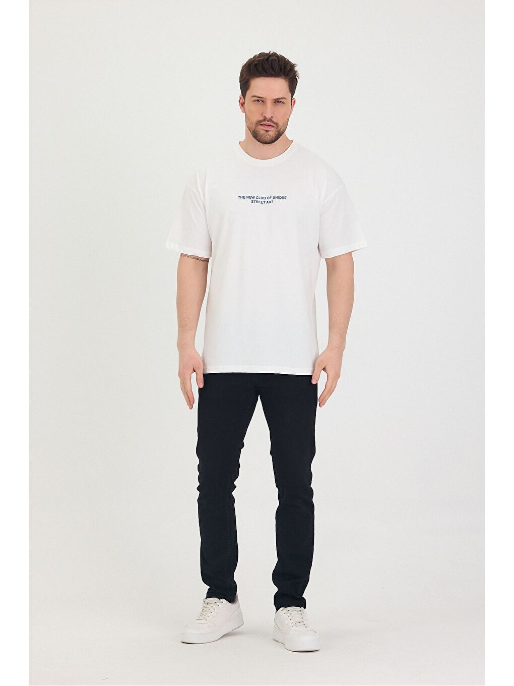 Beyaz Bisiklet Yaka Oversize Ön ve Arka Baskılı Salaş Unisex Tişört-2