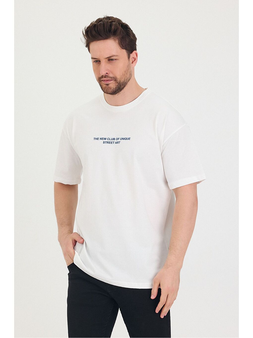 Beyaz Bisiklet Yaka Oversize Ön ve Arka Baskılı Salaş Unisex Tişört-3