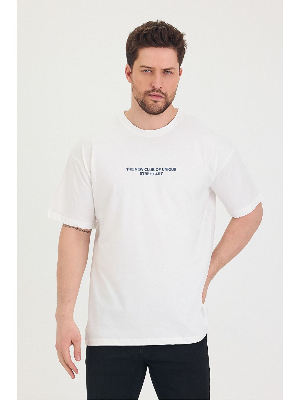 Beyaz Bisiklet Yaka Oversize Ön ve Arka Baskılı Salaş Unisex Tişört-4