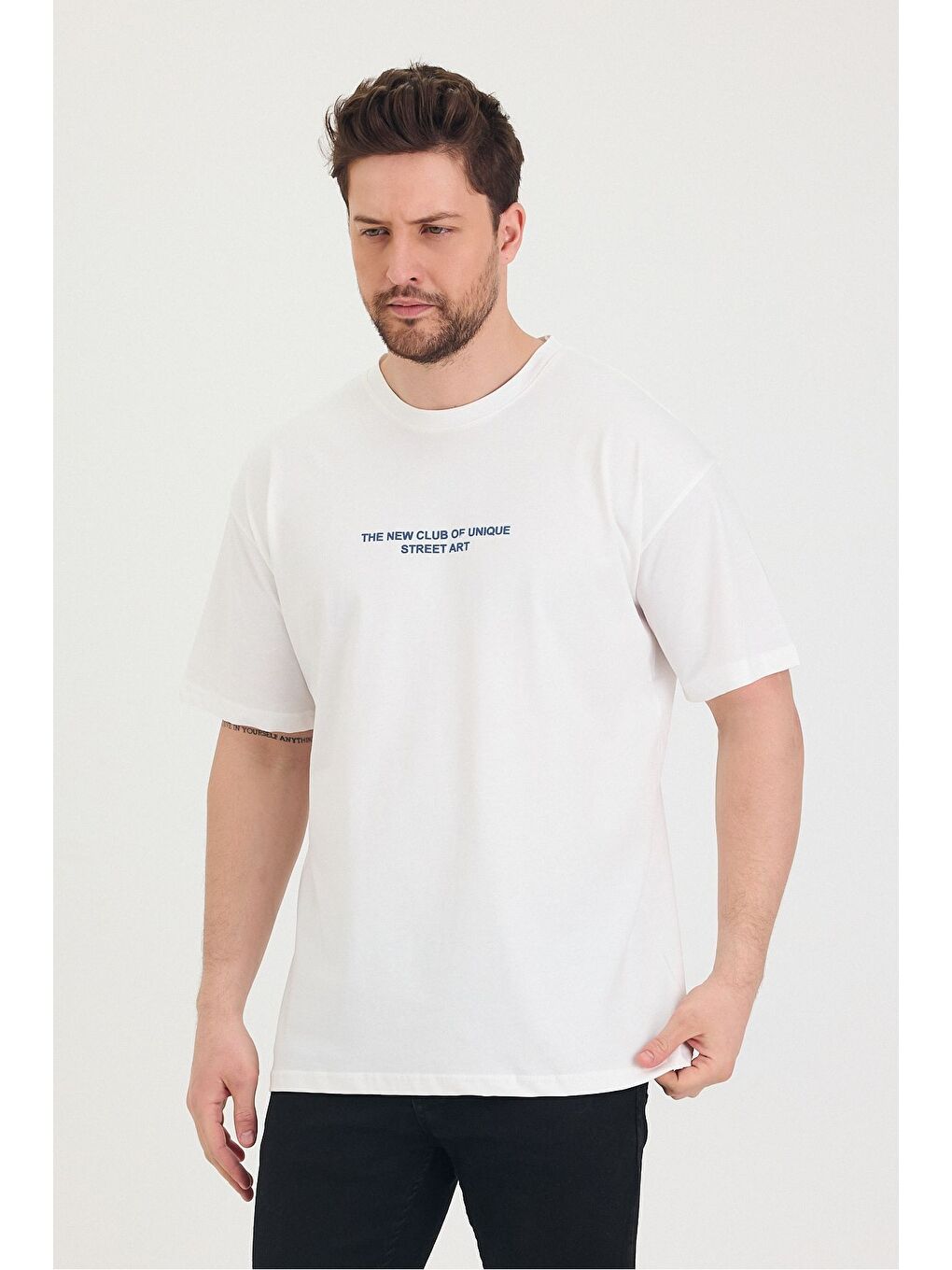 Beyaz Bisiklet Yaka Oversize Ön ve Arka Baskılı Salaş Unisex Tişört-5