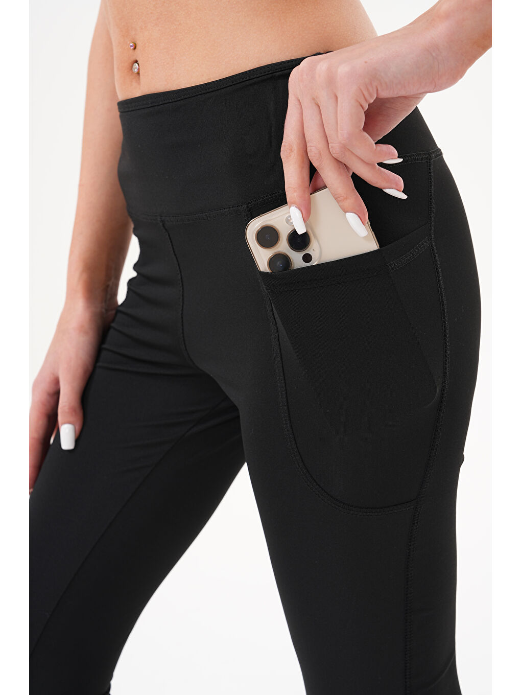 Siyah Kadın Yüksek Bel Toparlayıcı Çift Cepli Ispanyol Paça Tayt İSPANYOL-TAYT-3