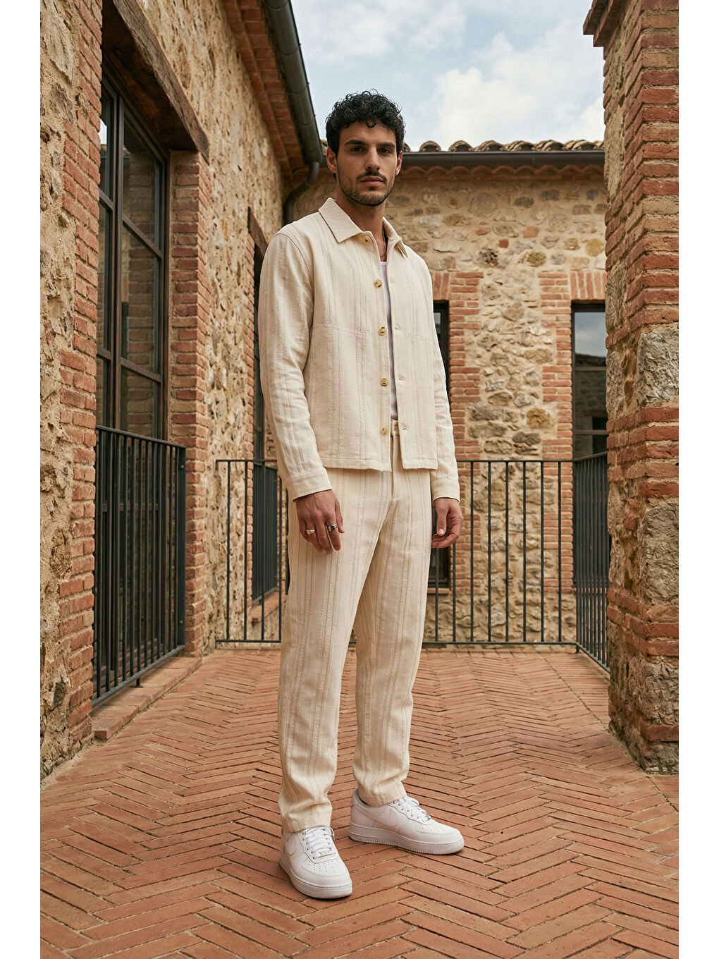 Bej Talbot Premium Keten Desenli Düğmeli Ceket Pantolon Erkek Takım Relax Kalıp