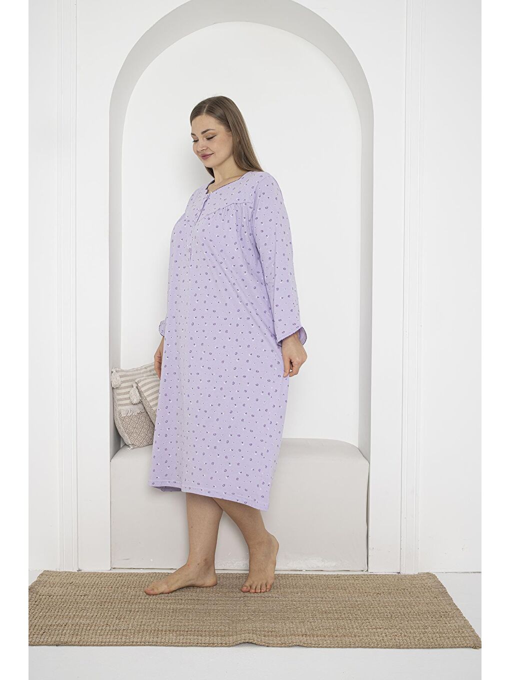 Lila Uzun Kol Düğmeli Yaka %100 Pamuklu Penye Büyük Beden Anne Geceliği 933-2
