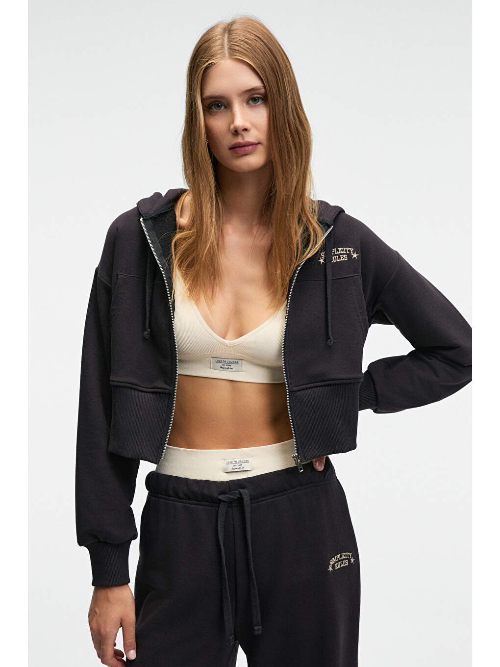 Elara Kadın Metal Fermuarlı Nakışlı Kapüşonlu Crop Antrasit Sweatshirt-3