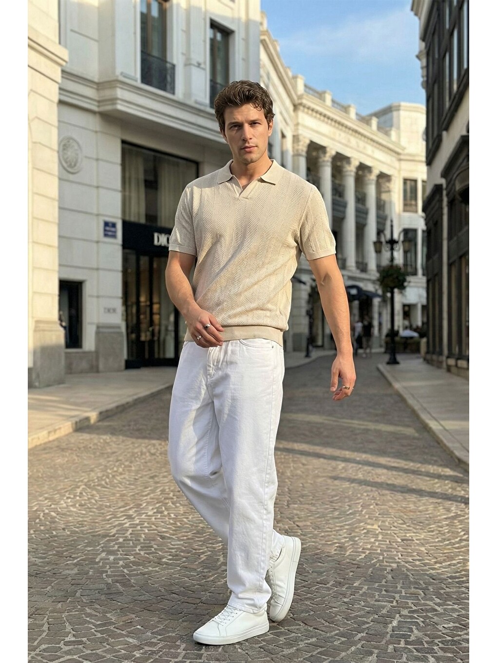 Bej Chapa Regular Fit Polo Yaka Erkek Kısa Kol Dokulu Triko Tişört-5
