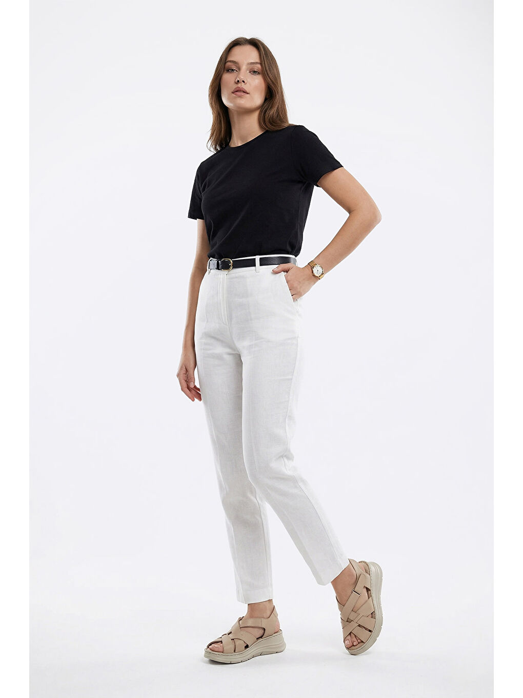 Bej Kadın YENİ BEJ Cırt Bantlı Dolgu Topuk Hakiki Deri Sandalet-2