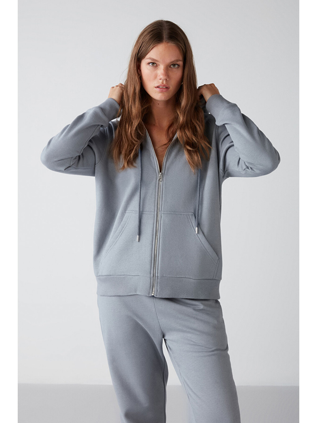 Carlota Kadın Içi Polarlı Organik Kumaşlı Metal Fermuarlı Kapüşonlu Yumuşacık Mavi Sweatshirt-1