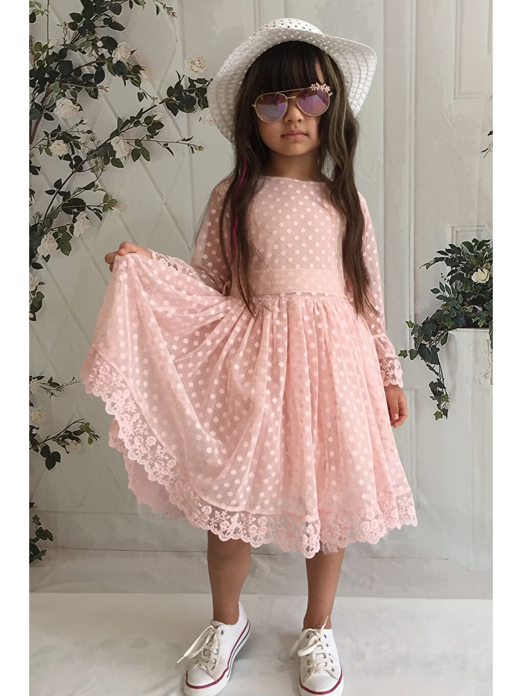 Pembe Krem Şapkalı Dantelli Kız Çocuk Elbise-3