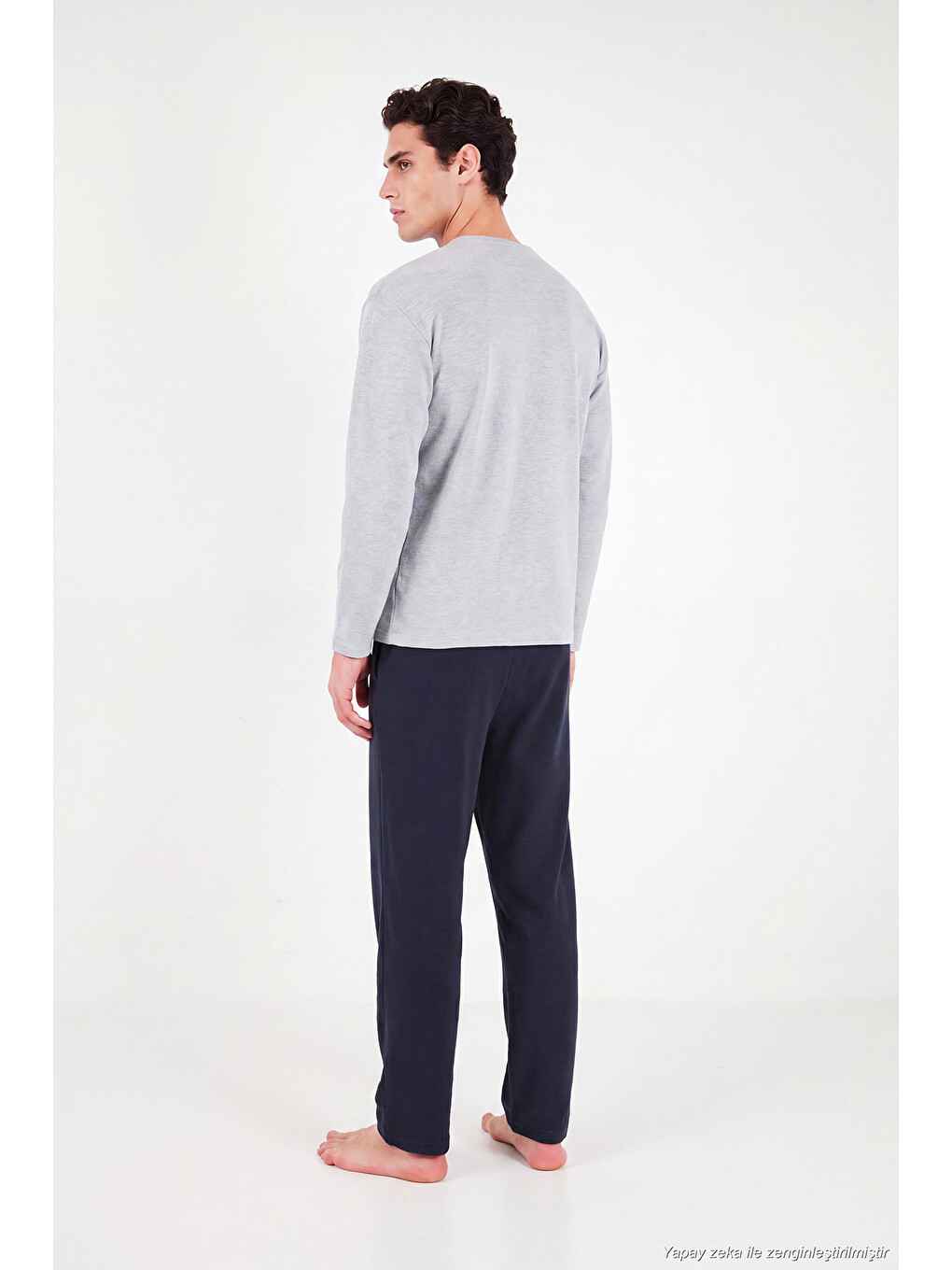 Gri Nakışıklı Yumuşak Dokulu Bisiklet Yaka Pijama Takımı 6575010-6