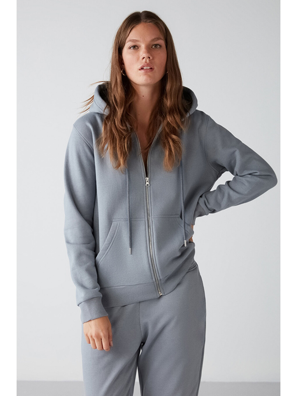 Carlota Kadın Içi Polarlı Organik Kumaşlı Metal Fermuarlı Kapüşonlu Yumuşacık Mavi Sweatshirt-2