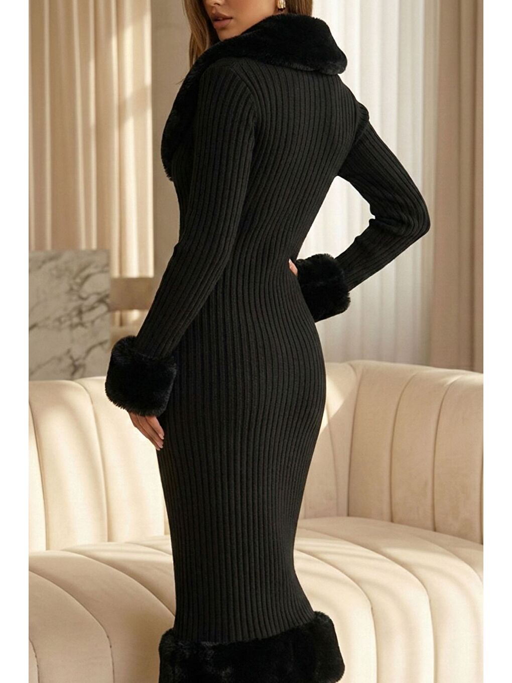 Siyah Kadın Yumoş Sakallı Triko Elbise-1