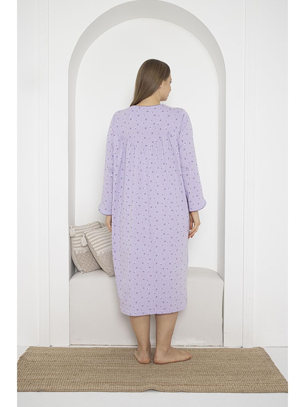 Lila Uzun Kol Düğmeli Yaka %100 Pamuklu Penye Büyük Beden Anne Geceliği 933-3