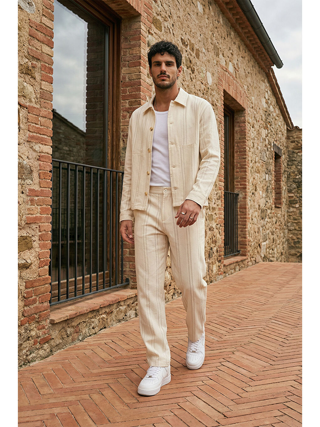 Bej Talbot Premium Keten Desenli Düğmeli Ceket Pantolon Erkek Takım Relax Kalıp-1