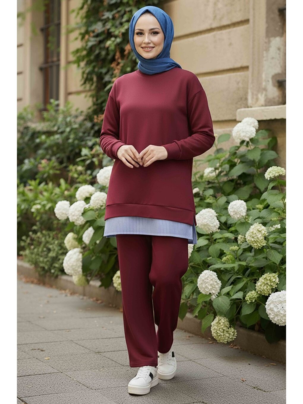 Eteği Çizgili Modal İkili Takım Bordo - 28028-BORDO-1