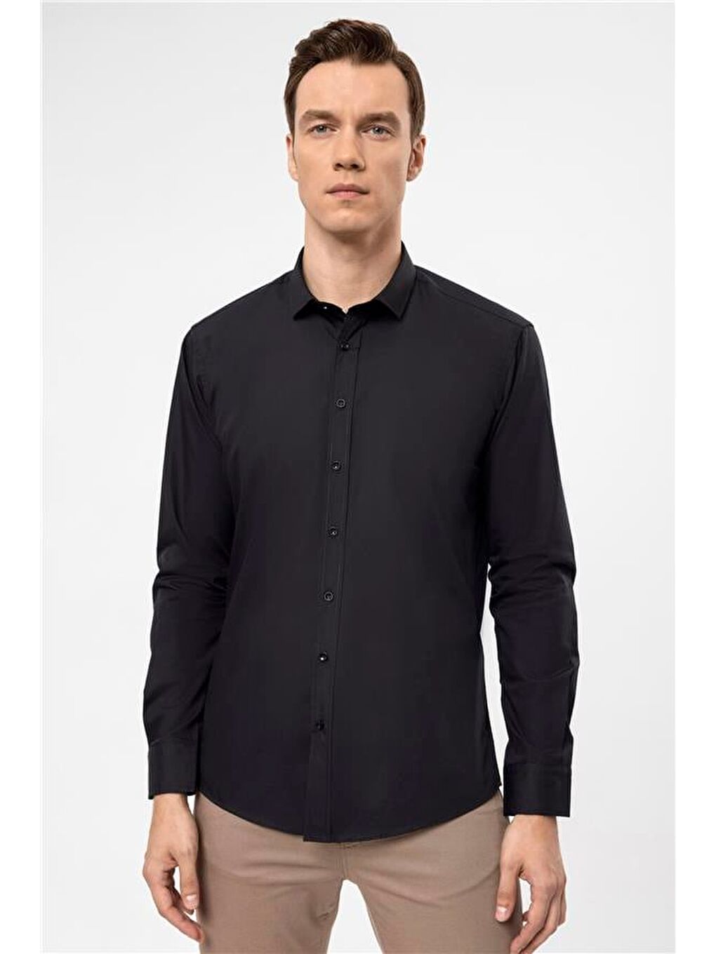 Siyah Slim Düz Klasik Yaka Gömlek-3