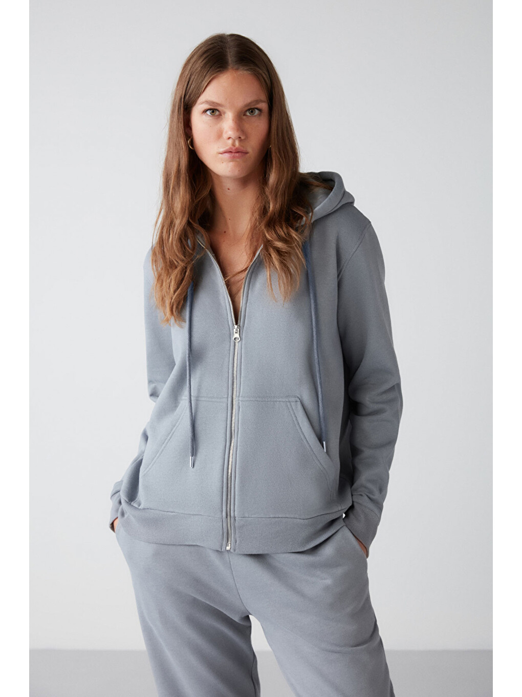 Carlota Kadın Içi Polarlı Organik Kumaşlı Metal Fermuarlı Kapüşonlu Yumuşacık Mavi Sweatshirt-3
