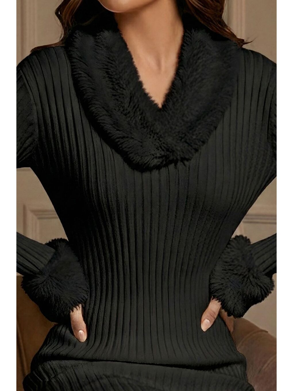 Siyah Kadın Yumoş Sakallı Triko Elbise-2