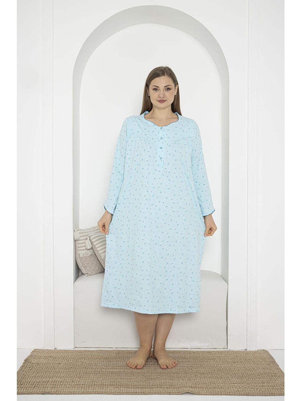 Yeşil Uzun Kol Düğmeli Yaka %100 Pamuklu Penye Büyük Beden Anne Geceliği 933-1