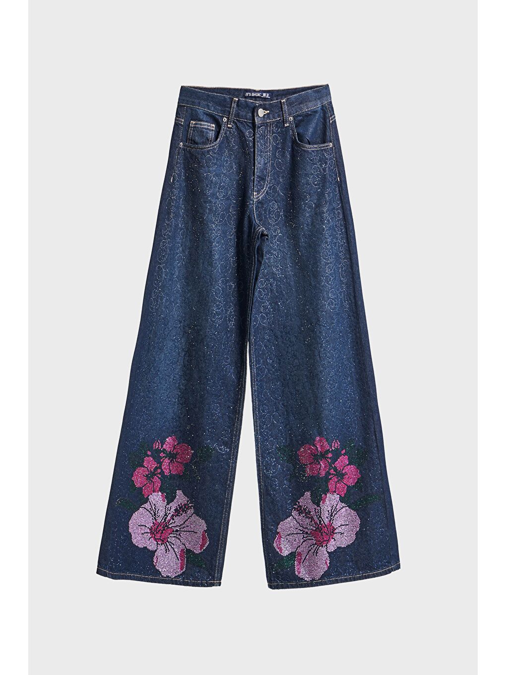 Kadın Koyu Mavi Renk T-2w5-128 Parlak Taş Gül Detaylı Özel Tasarım İç Boy 80cm Denim Jean-1