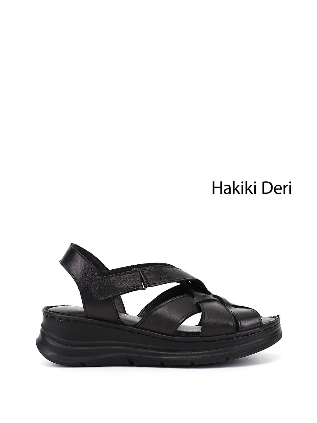 Siyah Kadın SİYAH Cırt Bantlı Dolgu Topuk Hakiki Deri Sandalet