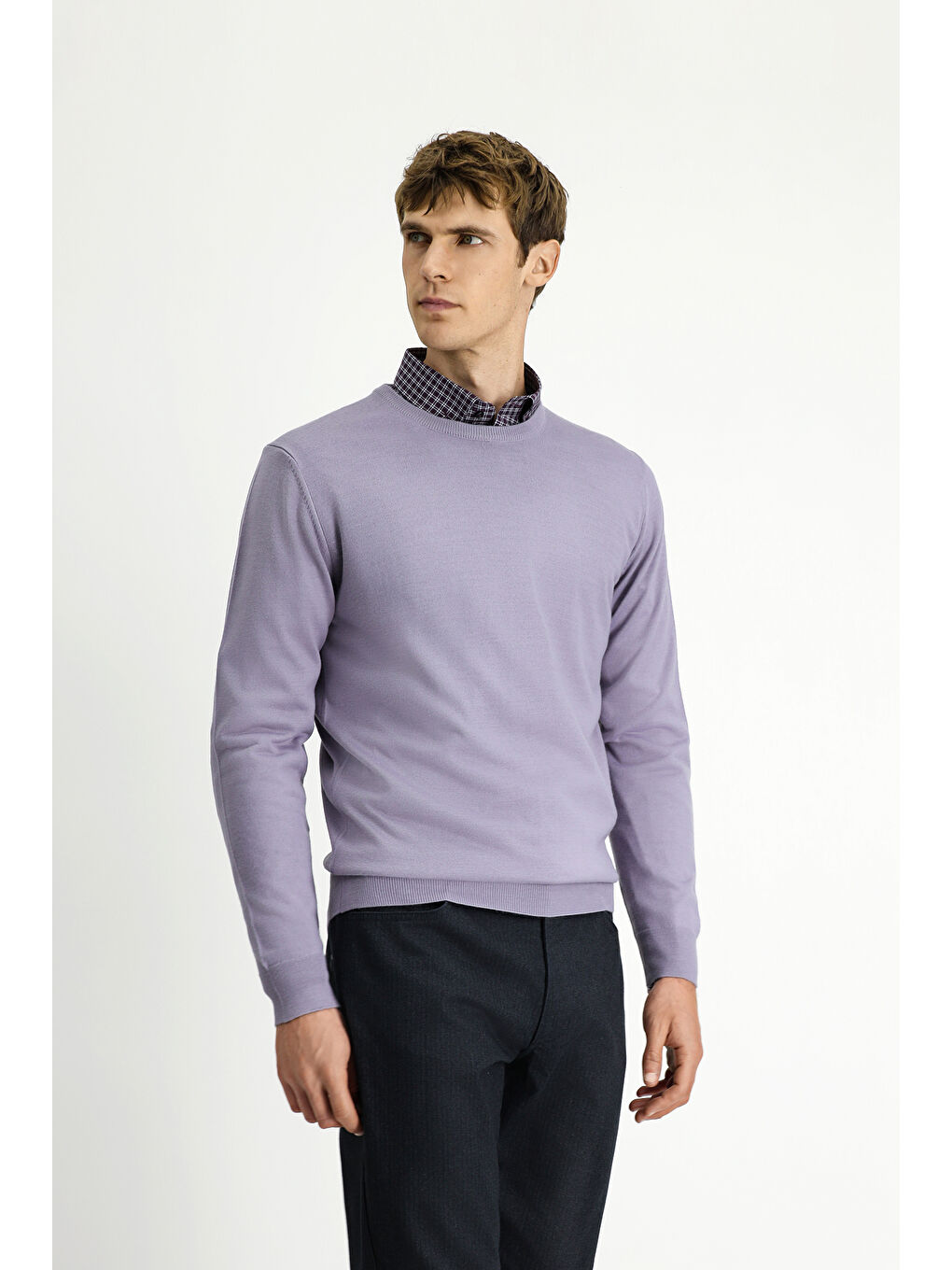 Lila Bisiklet Yaka Regular Fit Yünlü Örme Triko Kazak-3