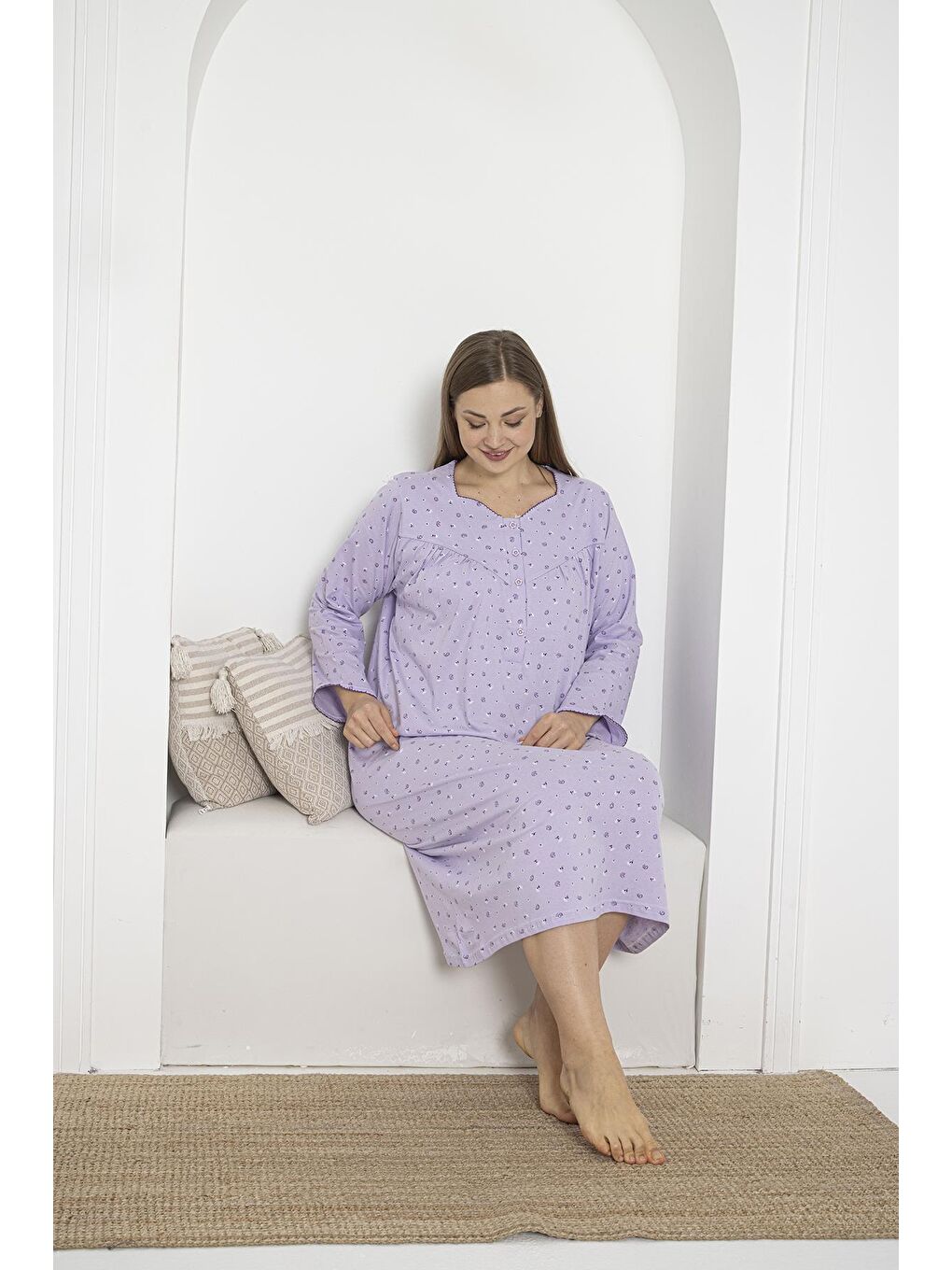 Lila Uzun Kol Düğmeli Yaka %100 Pamuklu Penye Büyük Beden Anne Geceliği 933-4