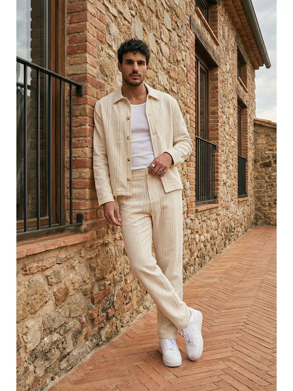 Bej Talbot Premium Keten Desenli Düğmeli Ceket Pantolon Erkek Takım Relax Kalıp-2