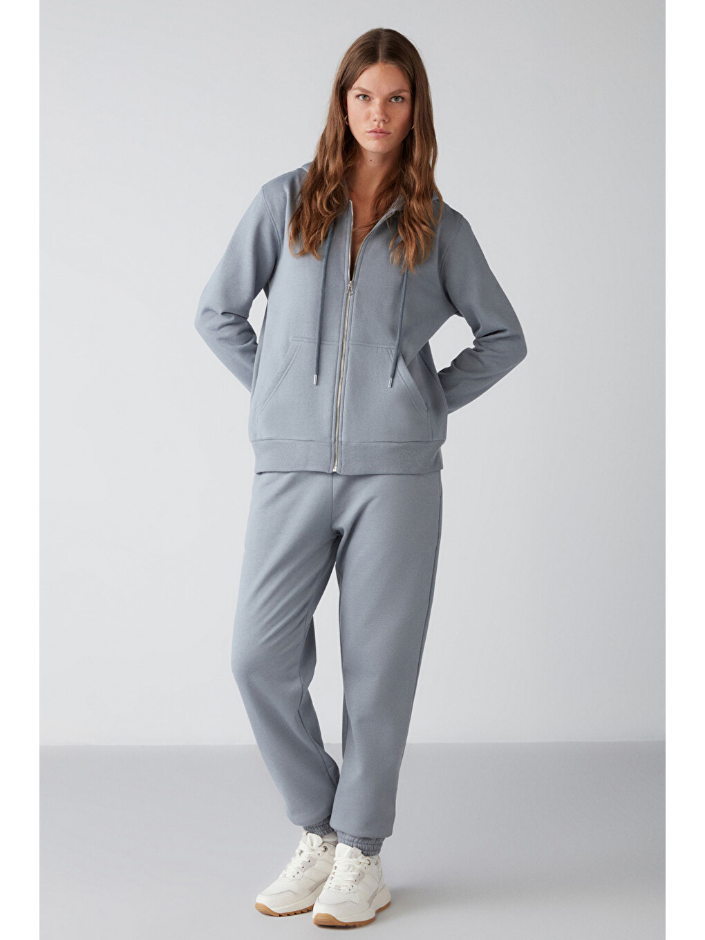 Carlota Kadın Içi Polarlı Organik Kumaşlı Metal Fermuarlı Kapüşonlu Yumuşacık Mavi Sweatshirt-5