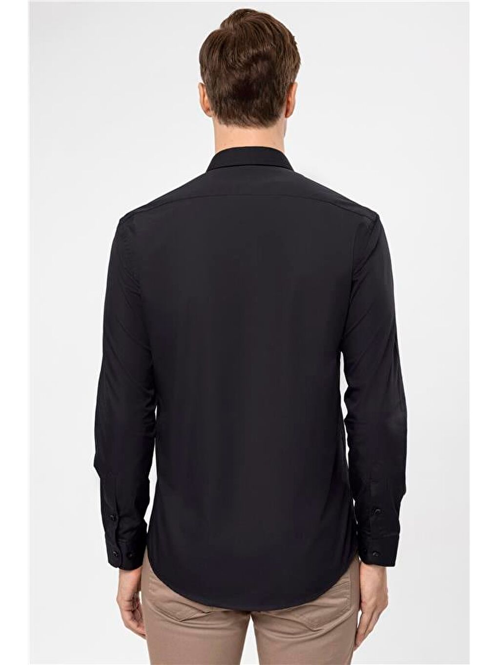 Siyah Slim Düz Klasik Yaka Gömlek-5
