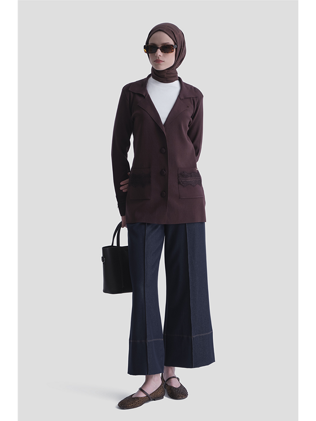 Kahverengi Dantelli Rayon Hırka Acı Kahve-1