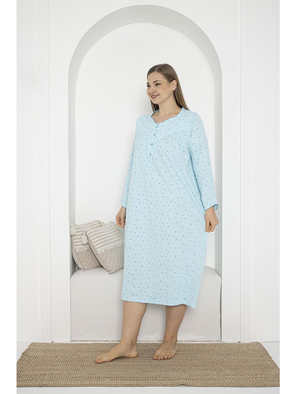 Yeşil Uzun Kol Düğmeli Yaka %100 Pamuklu Penye Büyük Beden Anne Geceliği 933-2