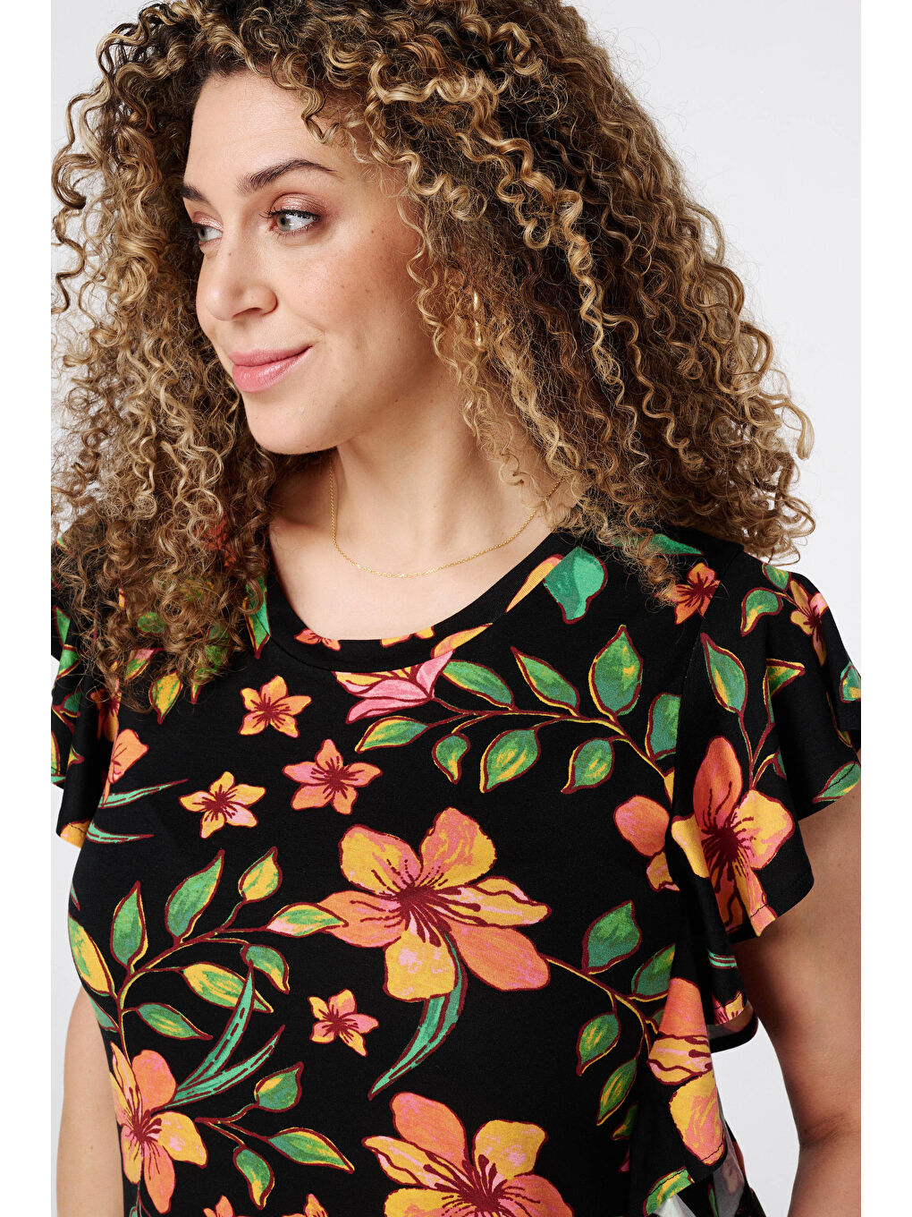 Kahverengi Büyük Beden Bisiklet Yaka Baskılı Kolları Fırfırlı Bluz E26414-4