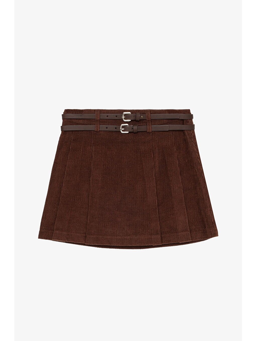 Çift Kemerli Pileli Kadife Mini Etek Kahverengi