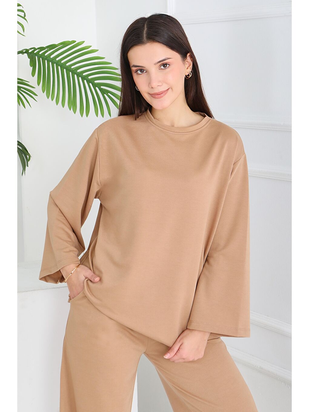 Kahverengi Geniş Paçalı İki İplik Eşofman Takımı Biskuvi - 27717-BISKUVI-1