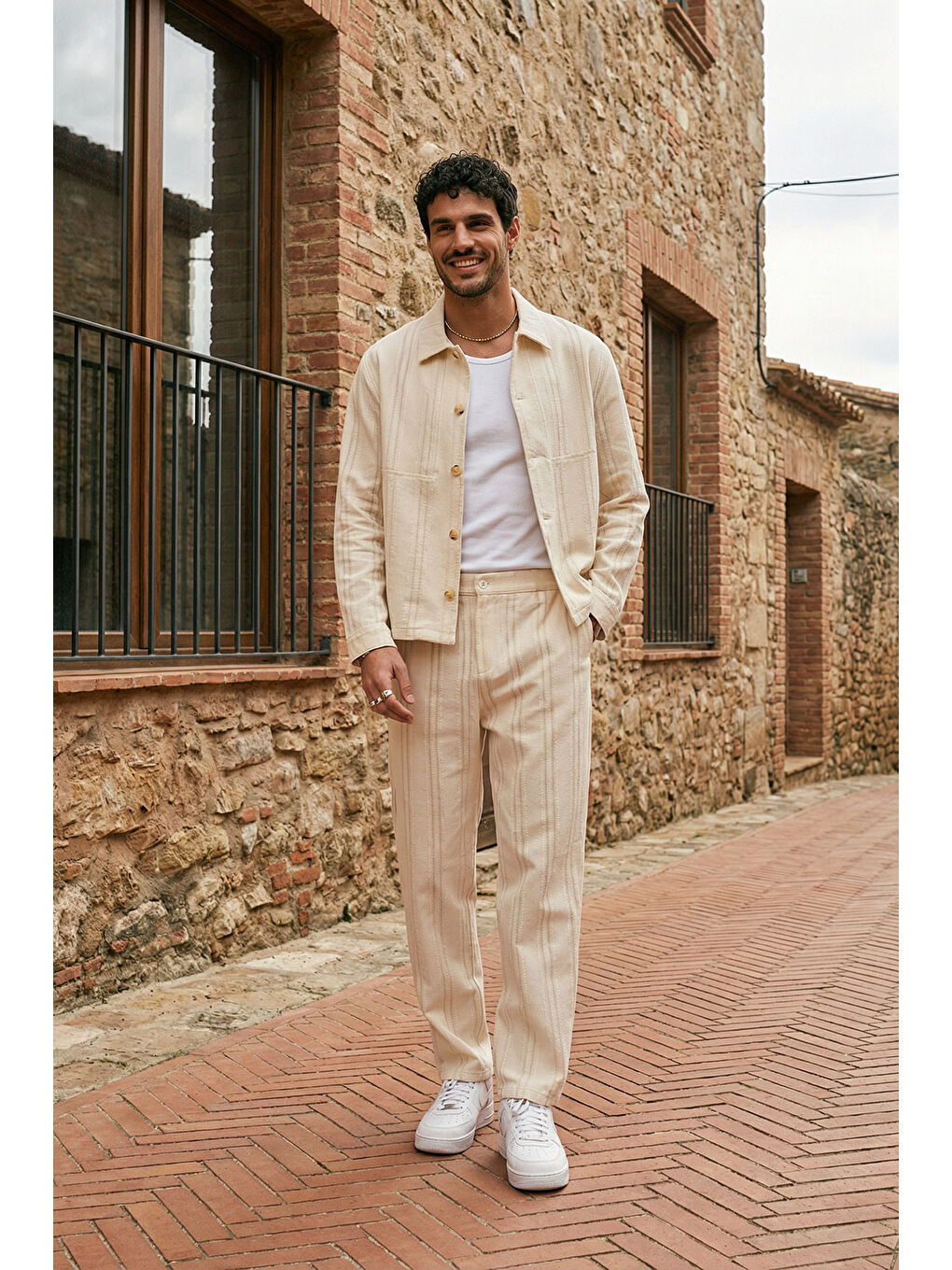 Bej Talbot Premium Keten Desenli Düğmeli Ceket Pantolon Erkek Takım Relax Kalıp-3