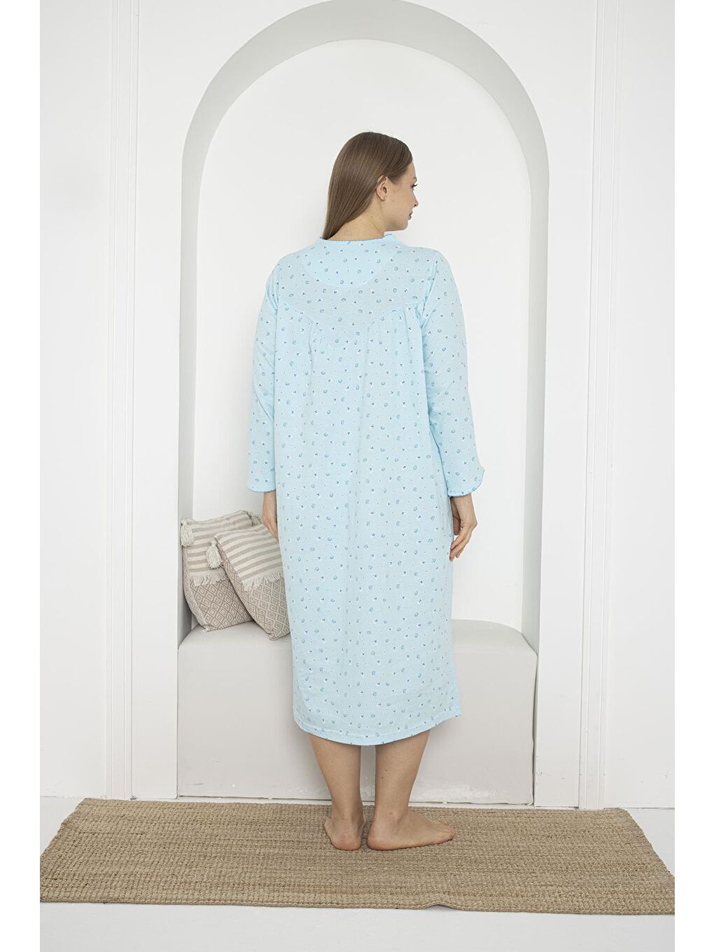 Yeşil Uzun Kol Düğmeli Yaka %100 Pamuklu Penye Büyük Beden Anne Geceliği 933-3