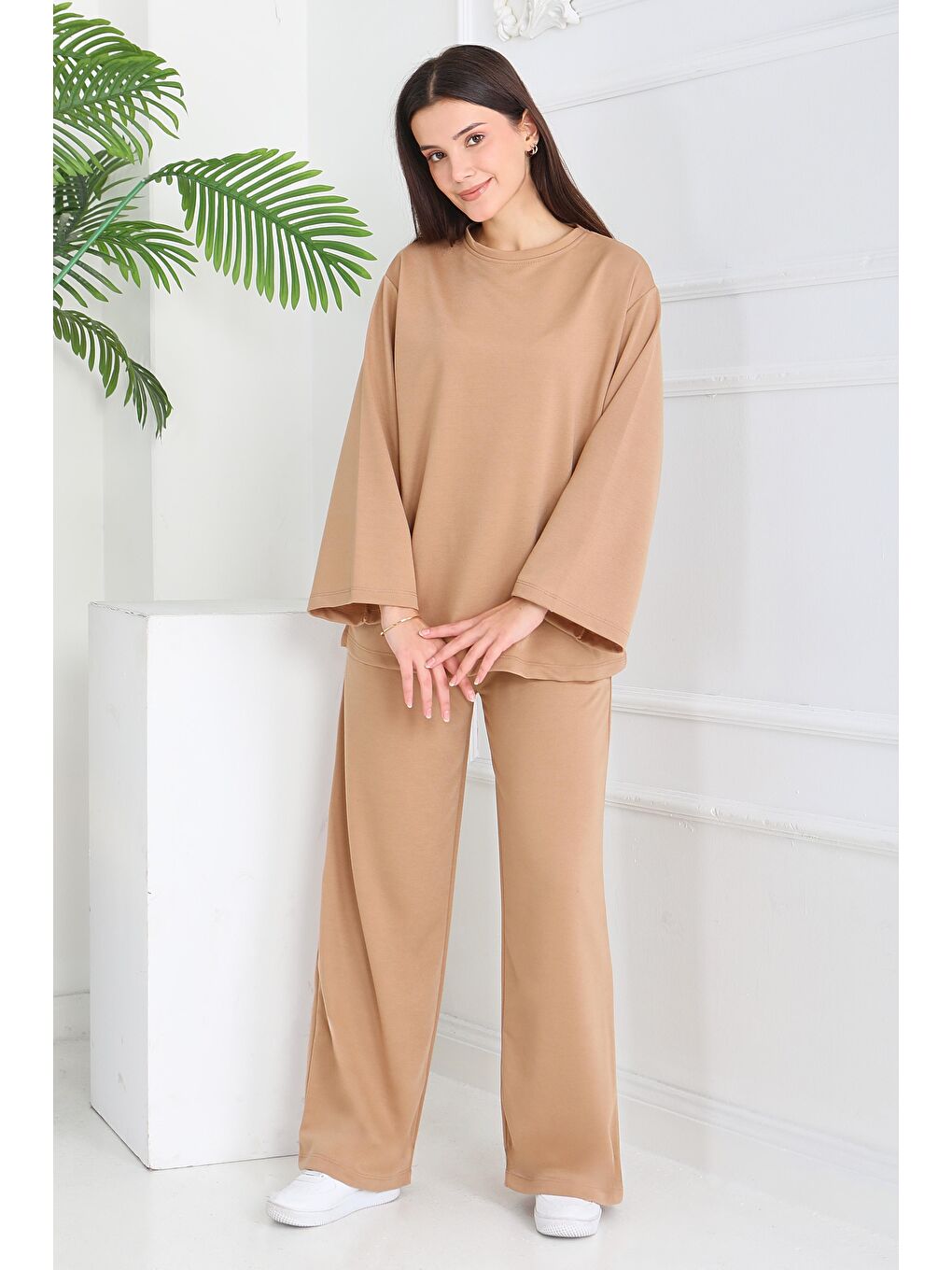 Kahverengi Geniş Paçalı İki İplik Eşofman Takımı Biskuvi - 27717-BISKUVI-2