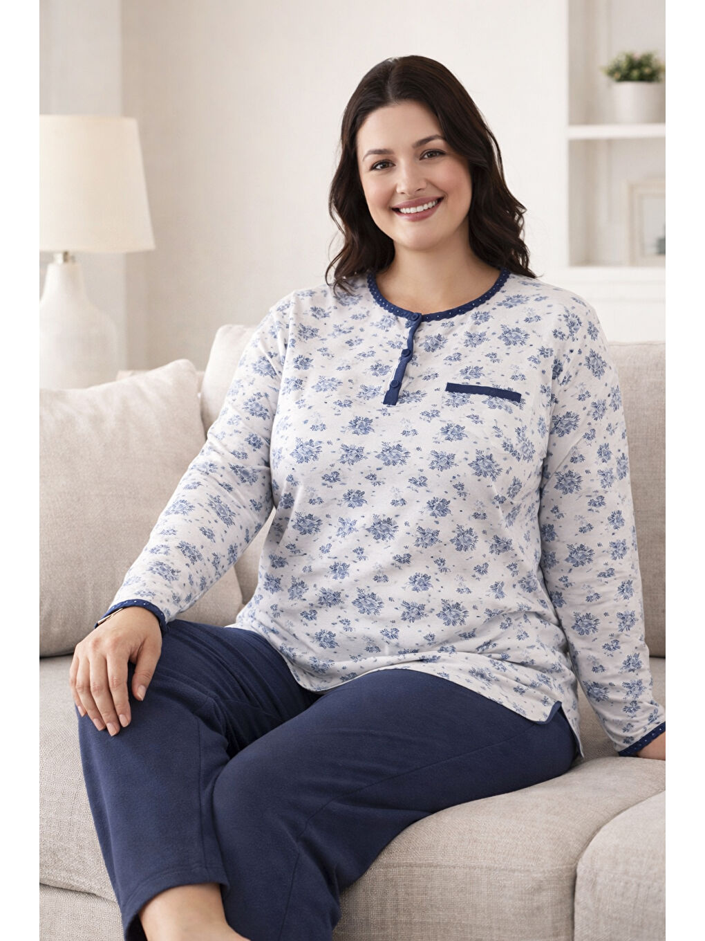 Büyük Beden Kadın Uzun Kol Kroşetalı Patlı Pamuklu Pijama Takımı 250696 Beyaz12-3