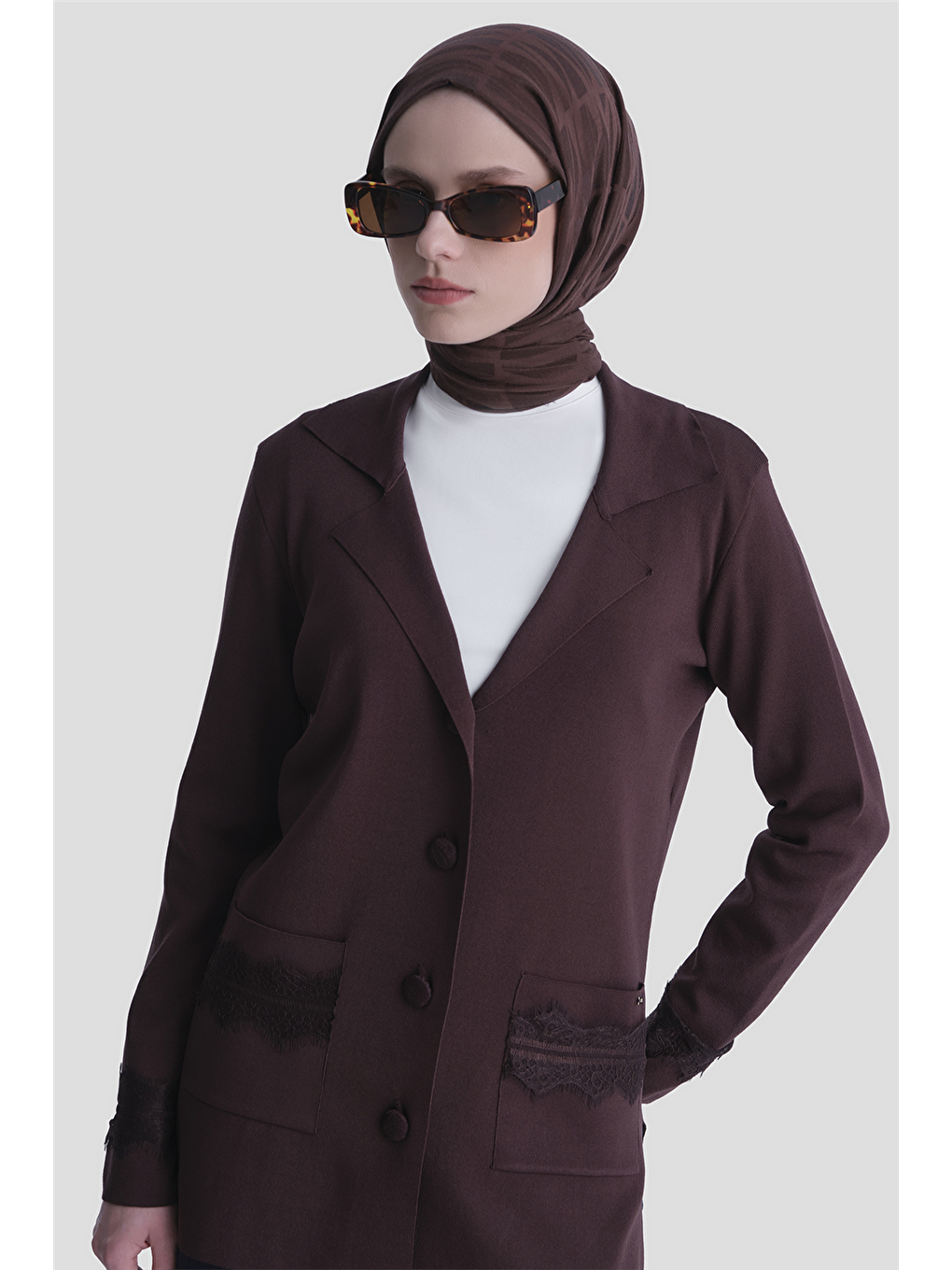 Kahverengi Dantelli Rayon Hırka Acı Kahve-2
