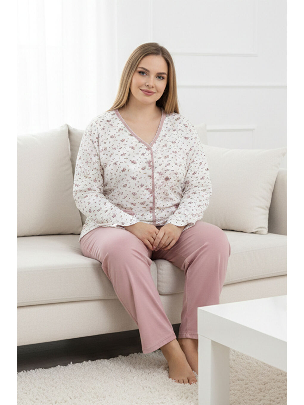 Büyük Beden Kadın Uzun Kol Kroşetalı Pamuklu Pijama Takımı 250662 Beyaz10-1