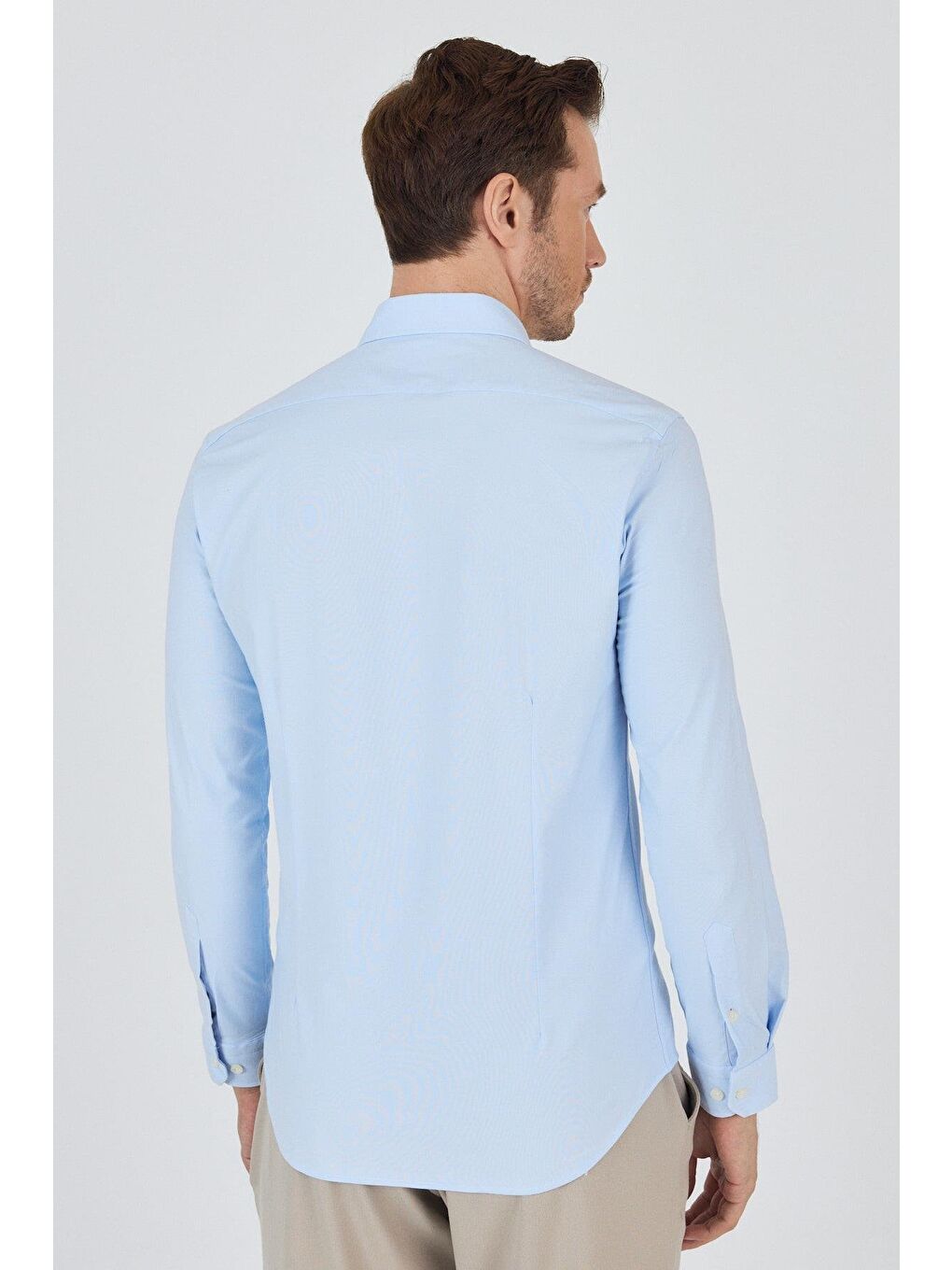 Mavi Uzun Kol Düz Bez Ayağı Düğmeli Yaka Cepsiz Pamuklu Casual Slim Fit Gömlek 1004250212-2