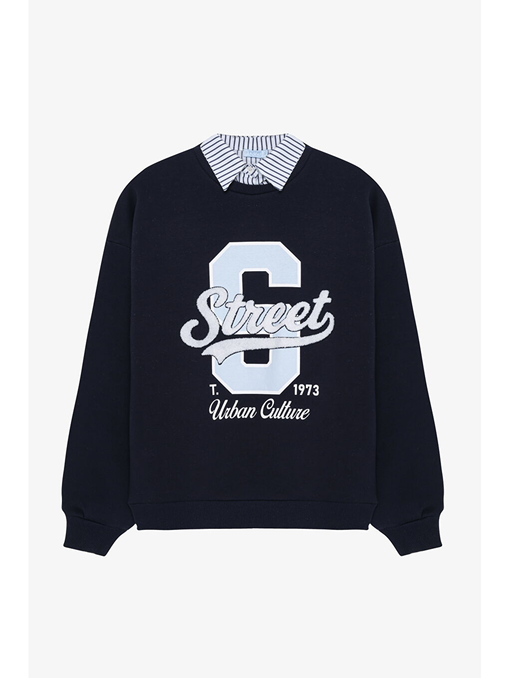 Gömlek Yaka Street Baskılı Oversize Sweatshirt Lacivert