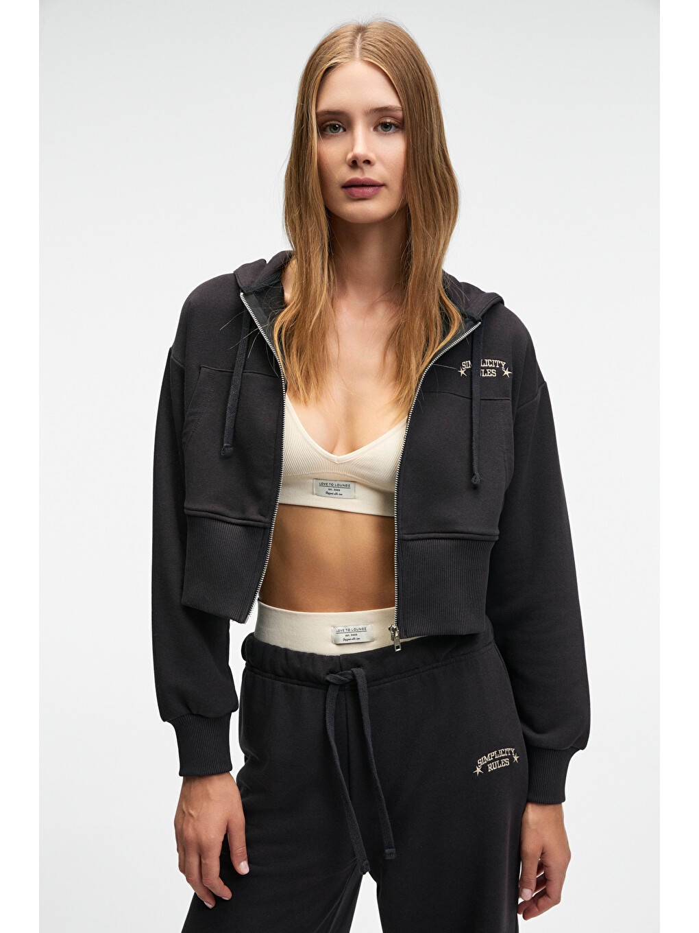 Elara Kadın Metal Fermuarlı Nakışlı Kapüşonlu Crop Antrasit Sweatshirt-5