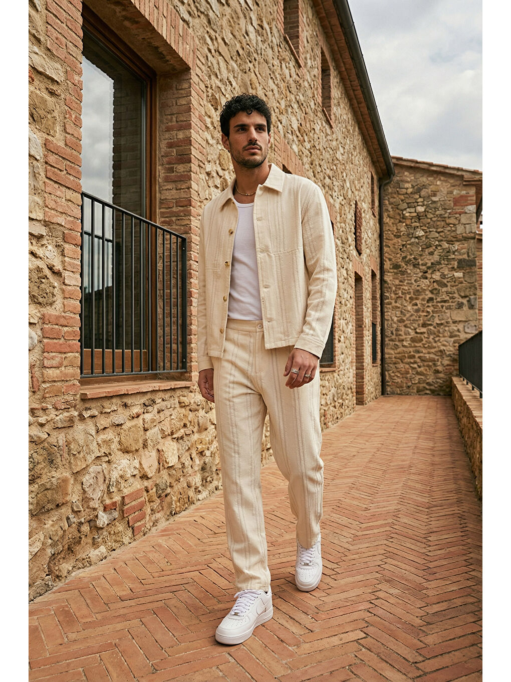 Bej Talbot Premium Keten Desenli Düğmeli Ceket Pantolon Erkek Takım Relax Kalıp-4