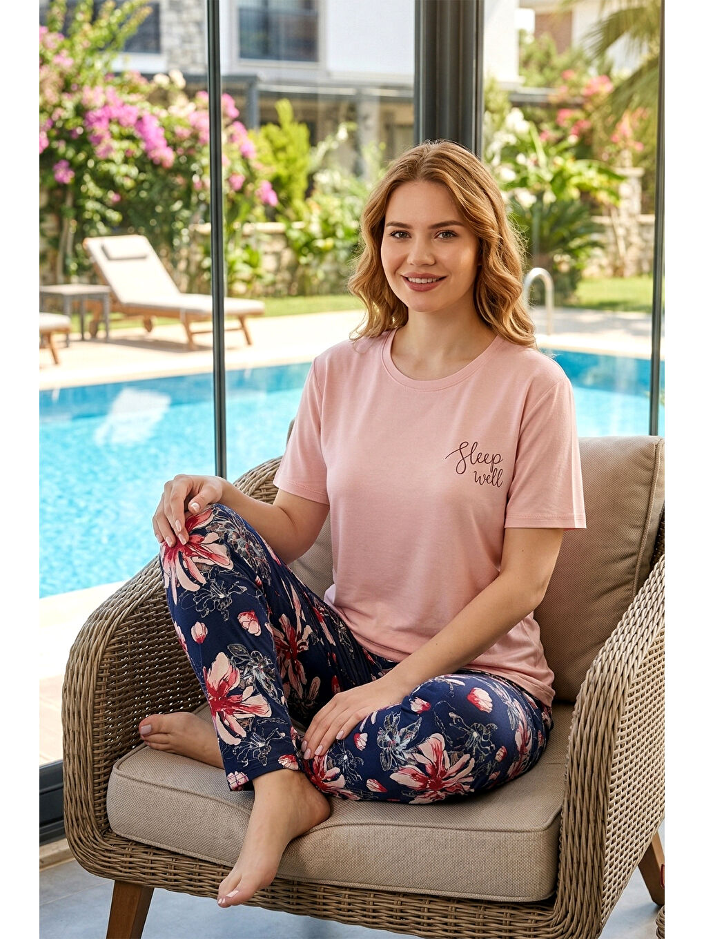 Pembe Kadın Desenli Kısa Kol Saphire Pijama Takımı 0637 Pudra-3