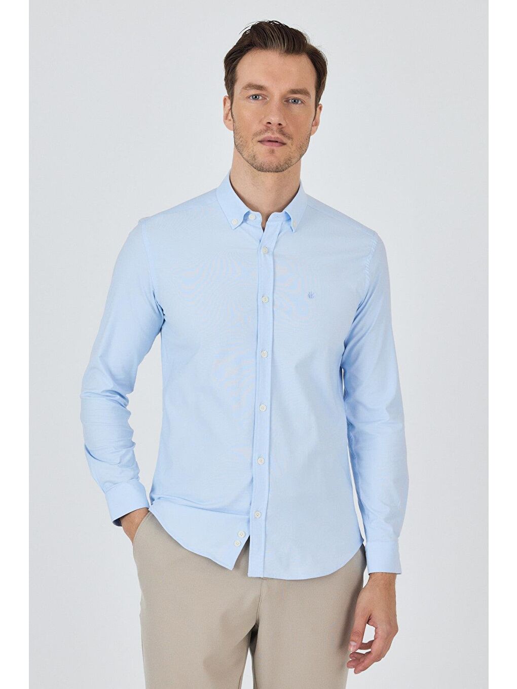 Mavi Uzun Kol Düz Bez Ayağı Düğmeli Yaka Cepsiz Pamuklu Casual Slim Fit Gömlek 1004250212-3