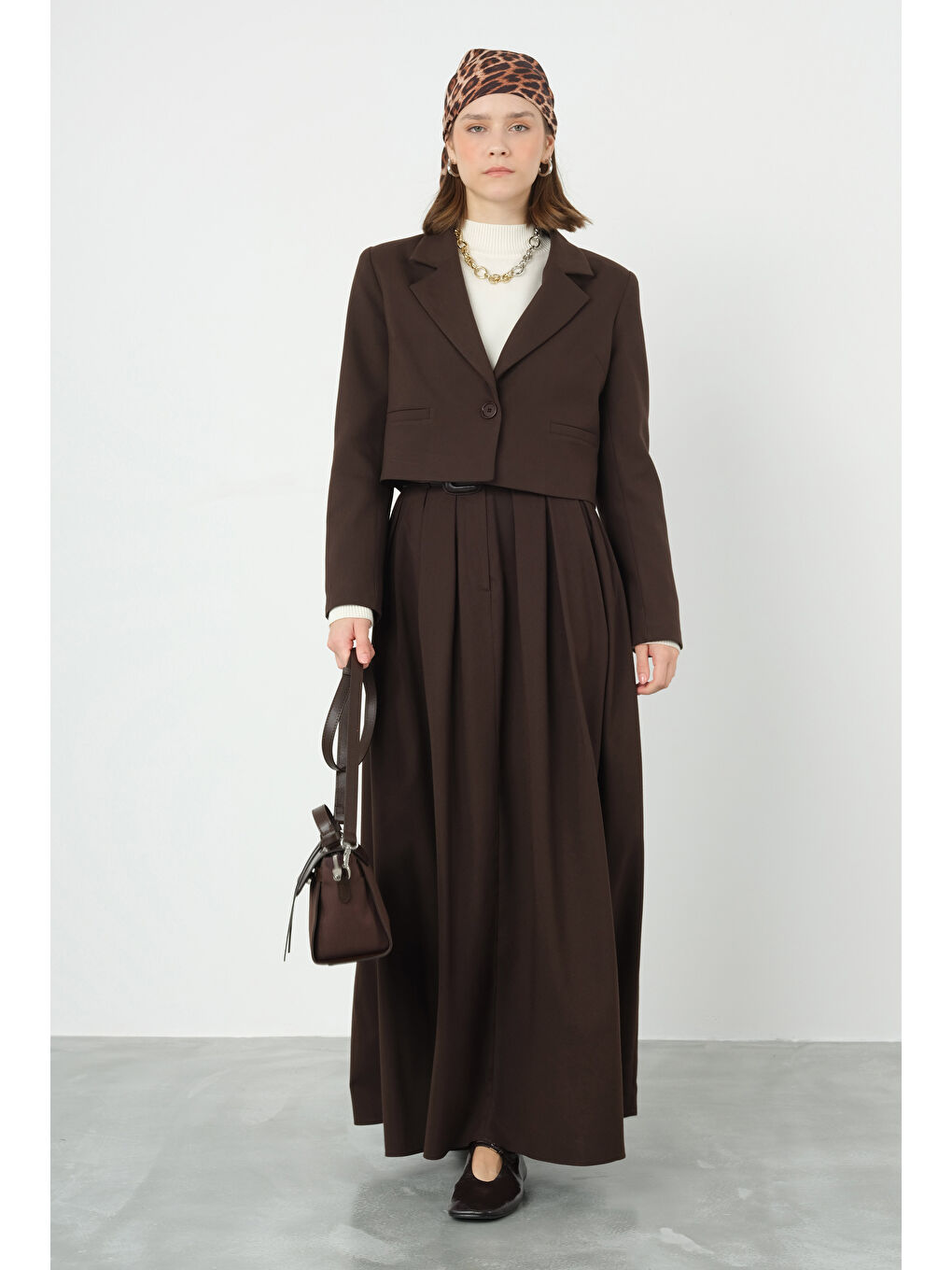 Kahverengi Crop Blazer Ceket Acı Kahve-3