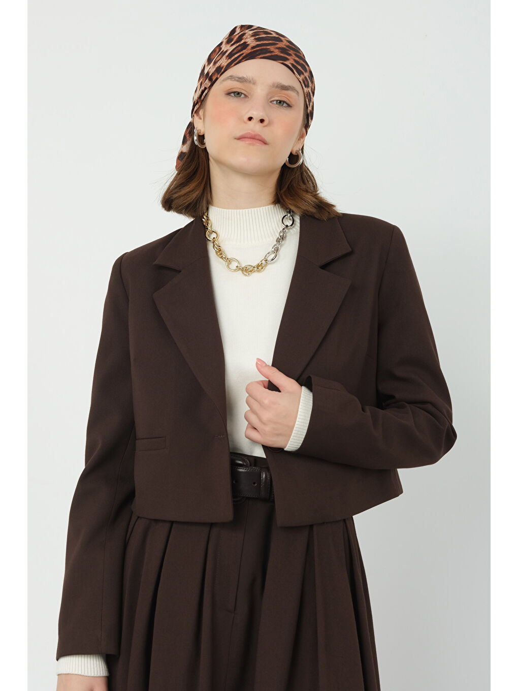 Kahverengi Crop Blazer Ceket Acı Kahve-4