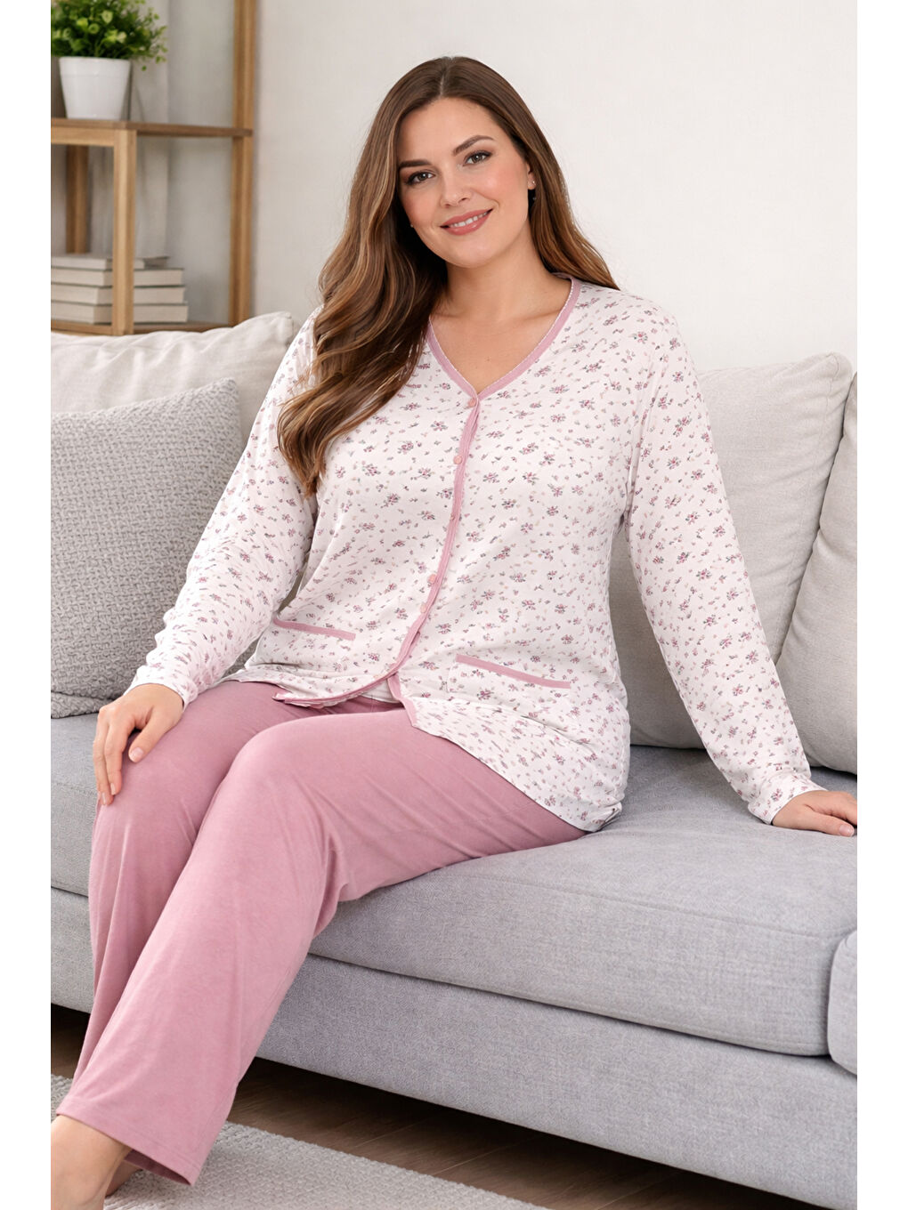 Büyük Beden Kadın Uzun Kol Kroşetalı Pamuklu Pijama Takımı 250662 Beyaz10-2